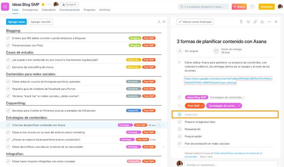 Tareas y subtareas al planificar contenido con Asana