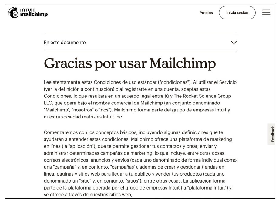 Teto legal de condiciones de uso de MailChimp Textos legales de la plataforma de email marketing MailChimp