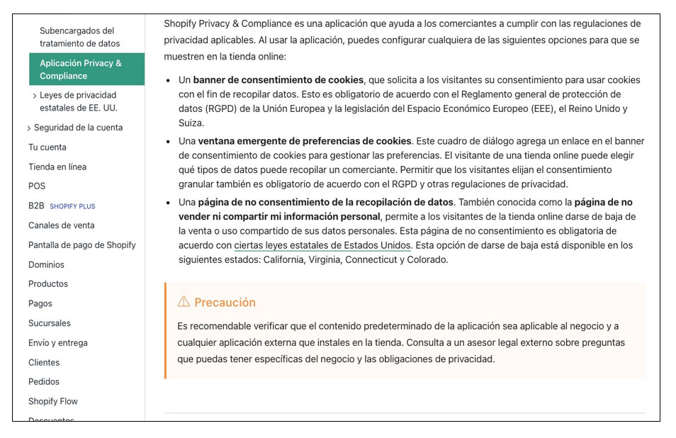 Teto legal de la plataforma ecommerce Shopify Texto legal relacionado con RGPD de Shopify