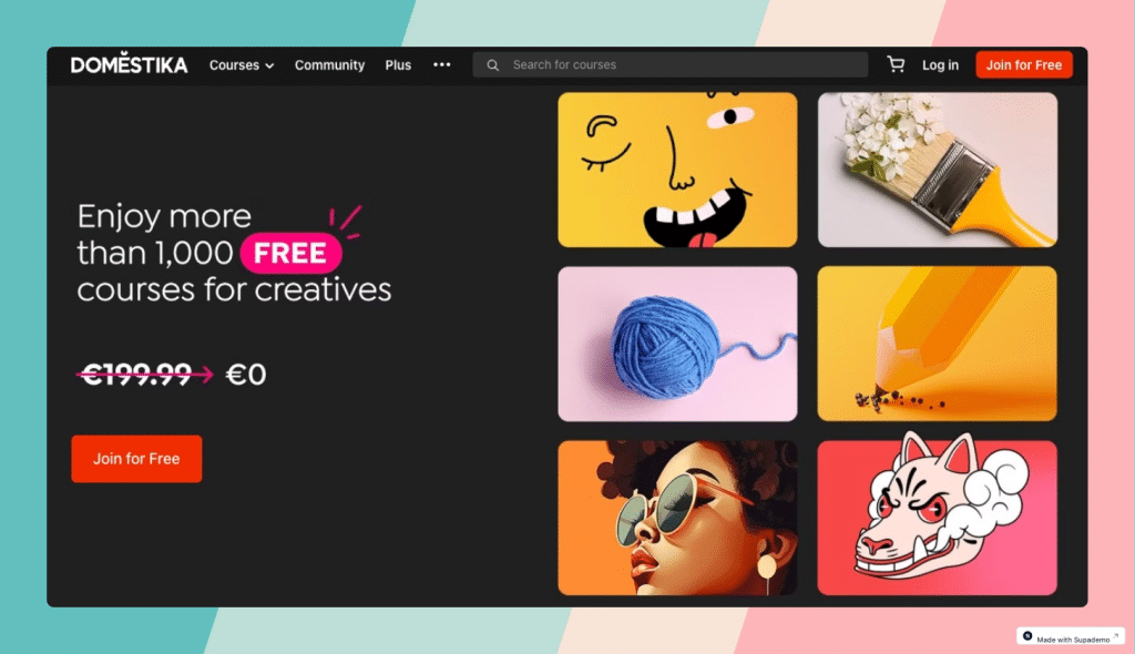 Captura de la web de Domestika anunciando más de 1.000 cursos gratuitos, ejemplo de storytelling visual para creativos.