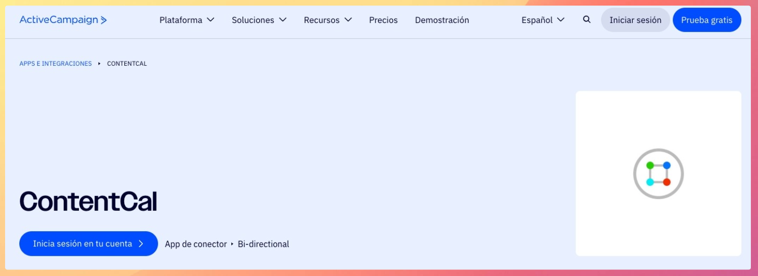 Captura de ContentCal integrado en ActiveCampaign, ideal para coordinar la publicación de contenidos en marketing digital.