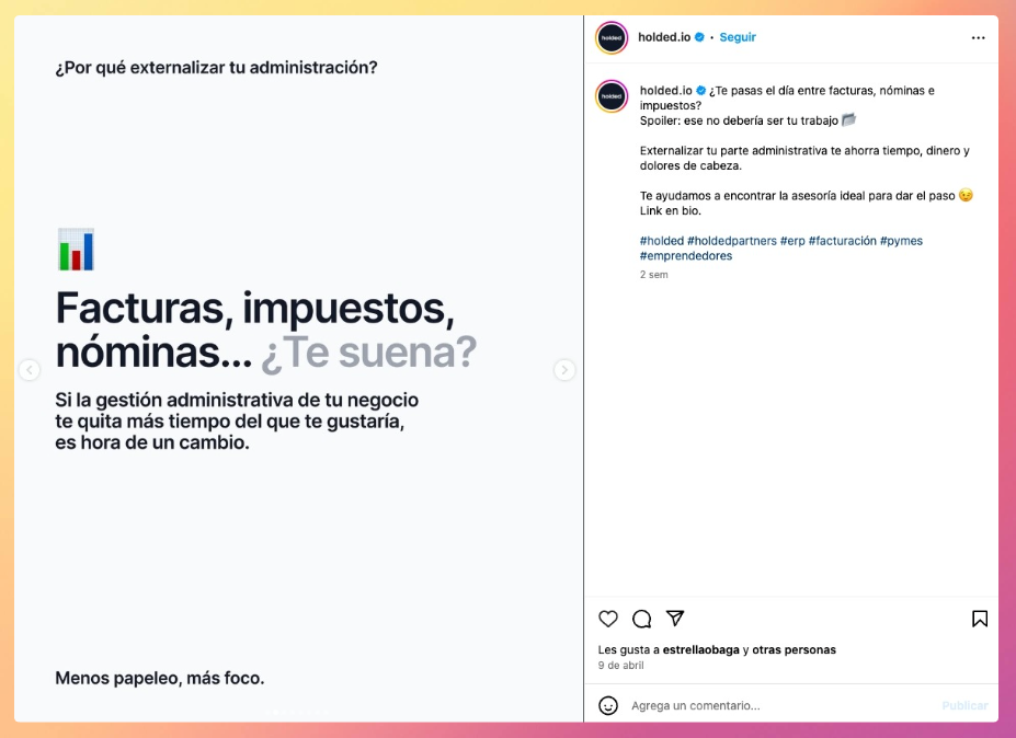 Contenido en redes sociales de Holded Holded como ejemplo de marca que utiliza los tipos de contenido en redes sociales