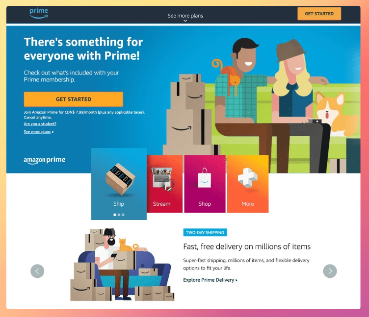 Landing de Amazon Prime con diseño visual atractivo y excelente redacción de textos orientada a la conversión y los beneficios del servicio.
