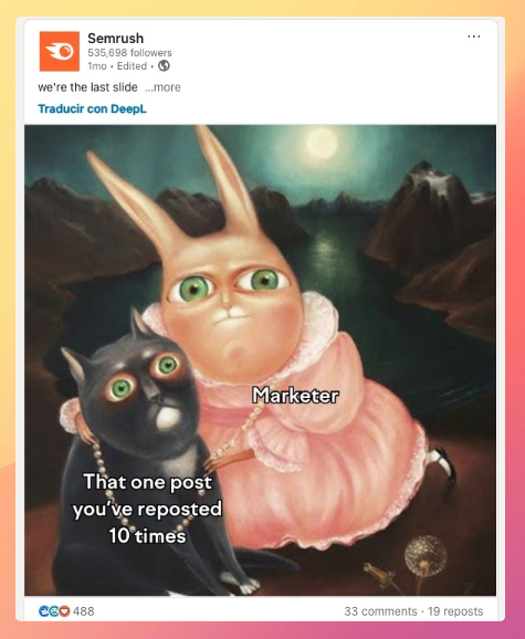 Contenido en redes sociales de Semrush Semrush utiliza bien el contenido de entretenimiento