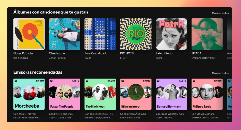 Spotify aprovecha el conocimiento sobre las preferencias del usuario para ofrecer listas y emisoras relevantes, impulsando la retención con un enfoque respetuoso y útil.