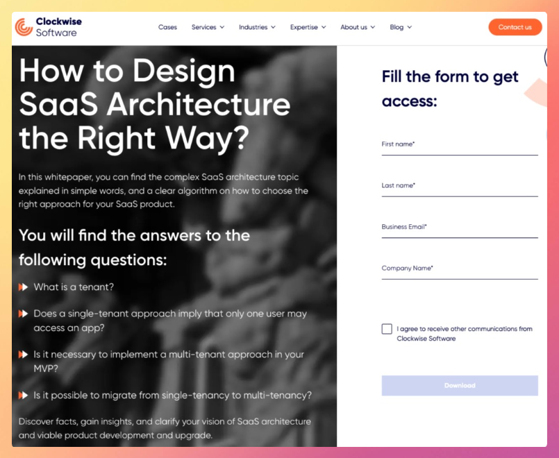 ¿Qué es un whitepaper bien estructurado? Este ejemplo de Clockwise Software lo ilustra con claridad, formulario optimizado y beneficios destacados para leads cualificados.
