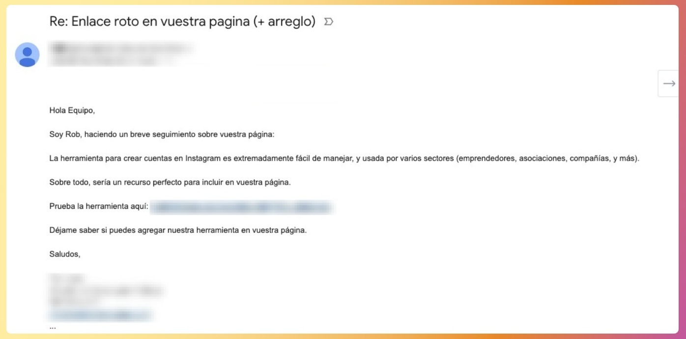 Ejemplo de correo de linkbuilding de enlaces rotos