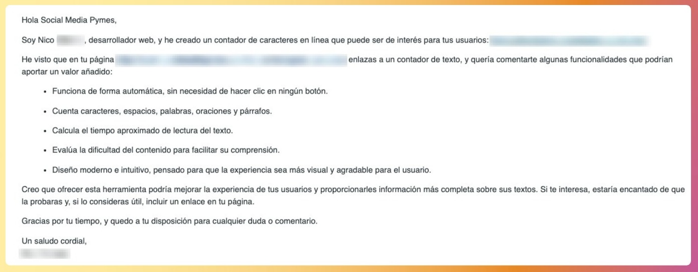 Ejemplo de un correo sobre cómo conseguir enlaces