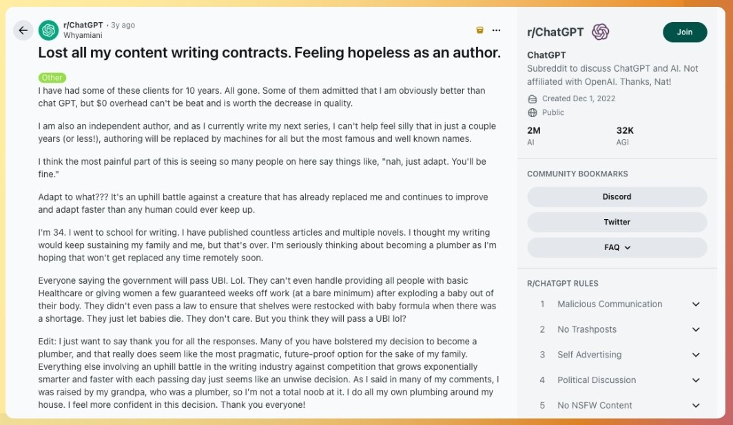 Hilo de Reddit sobre el futuro de la redacción con IA