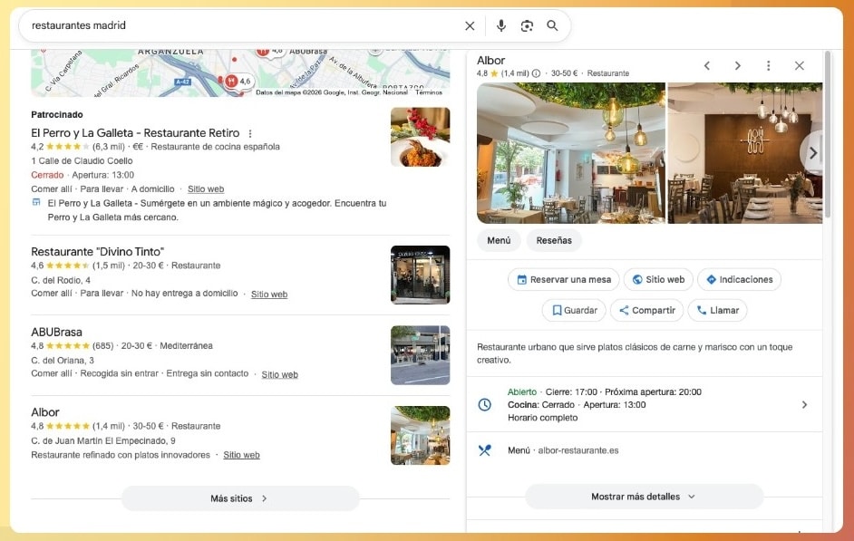 Ficha de Google de un restaurante