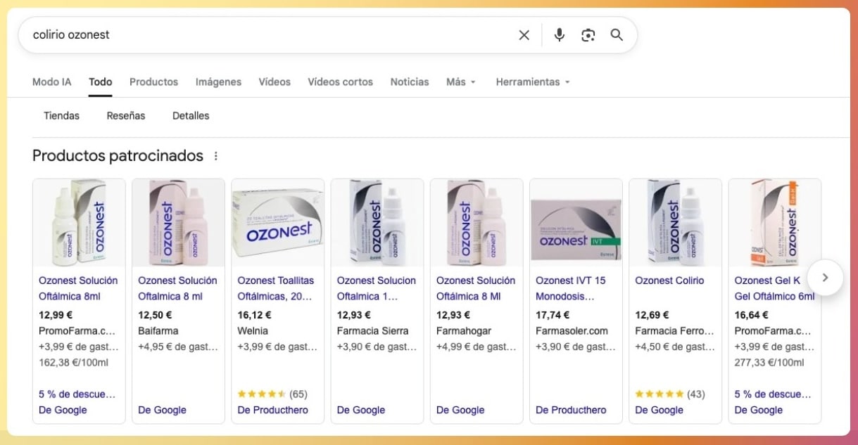 Ejemplo de Google Shopping para farmacias