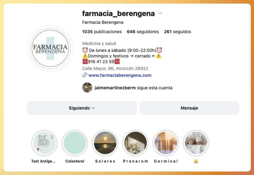 Ejemplo de un perfil de Instagram de una farmacia