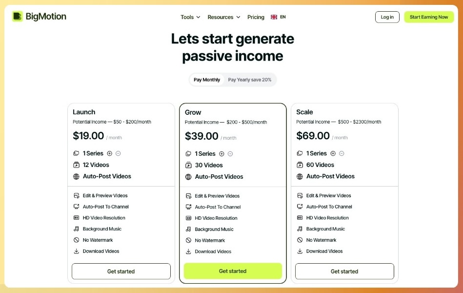 Planes de ingresos pasivos mensuales de BigMotion