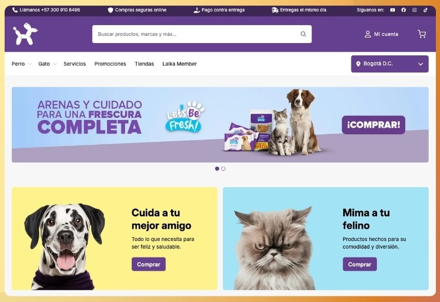Ejemplo de landing page de la empresa de cuidado veterinario Laika