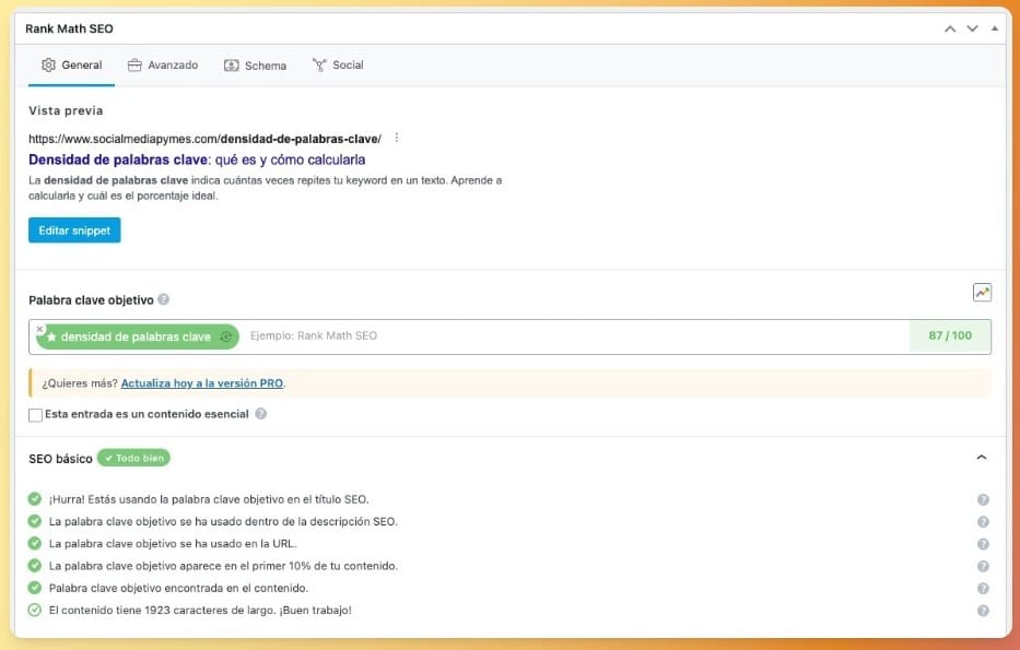 Rankmath SEO, herramienta para calcular la densidad de palabras clave