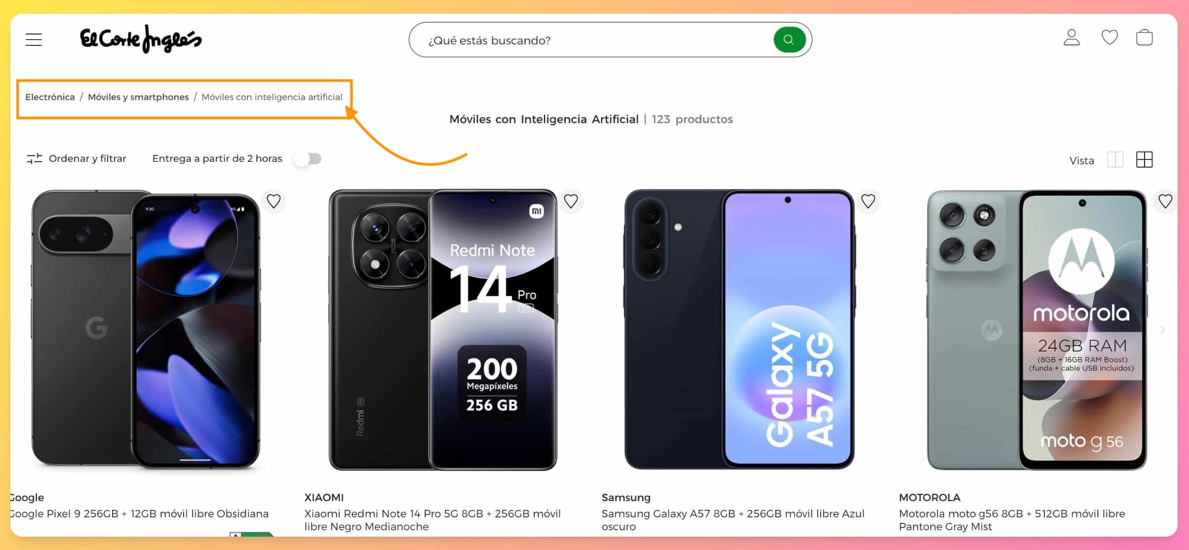 Ejemplo de migas de pan en la arquitectura web de El Corte Inglés.
