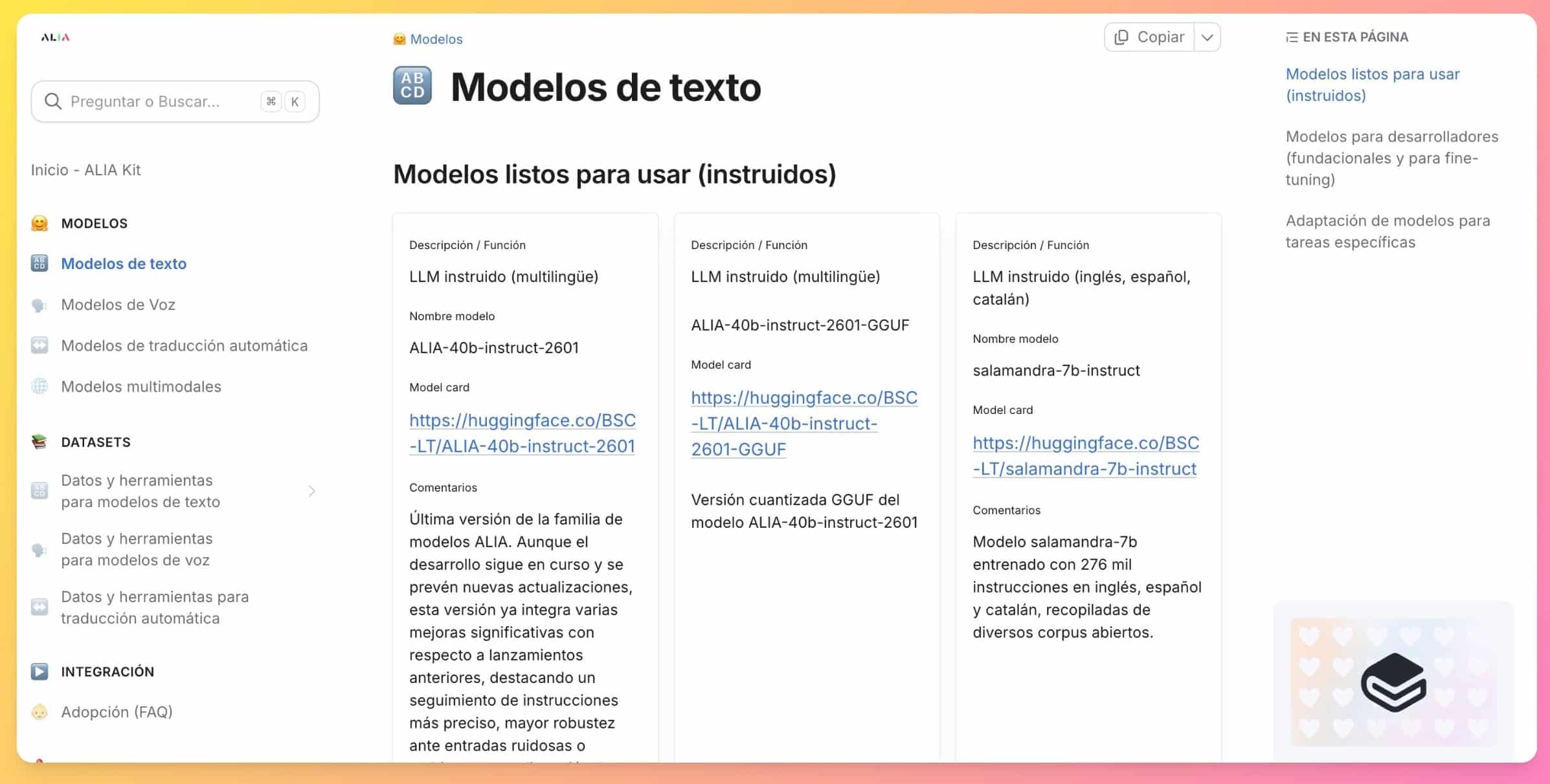 Modelos de lenguaje disponibles en la iniciativa ALIA