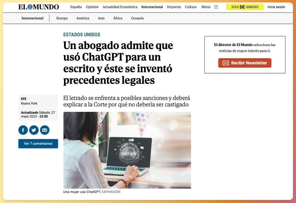Noticia de El Mundo sobre un abogado que utilizó ChatGPT