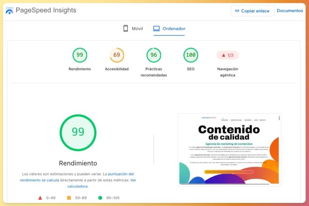 PageSpeed Insights, página de resultados.